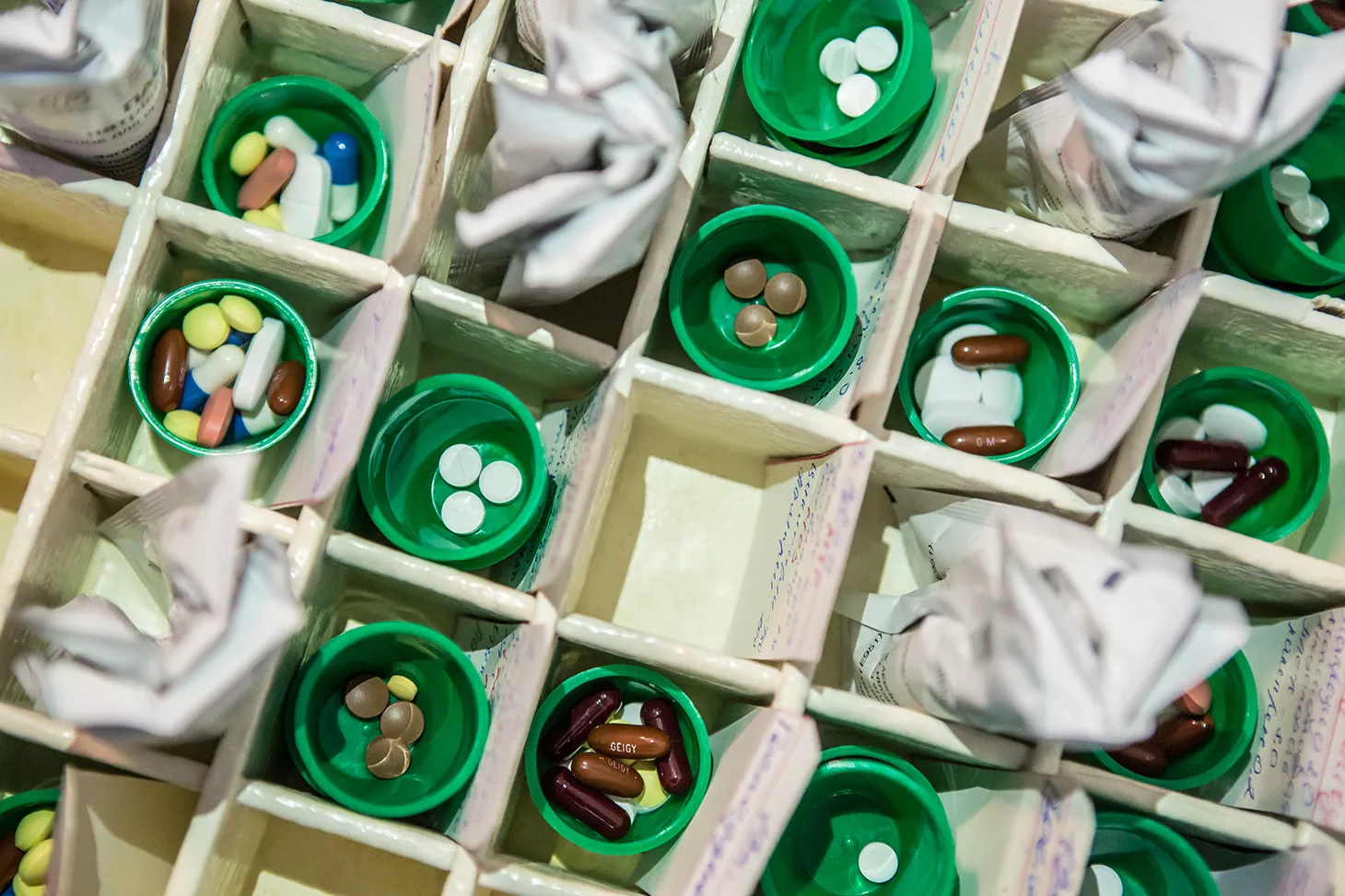 Pills are prepared separately for each patient by a nurse before being distributed to patients at the Zhytomyr Regional TB Dispensary.